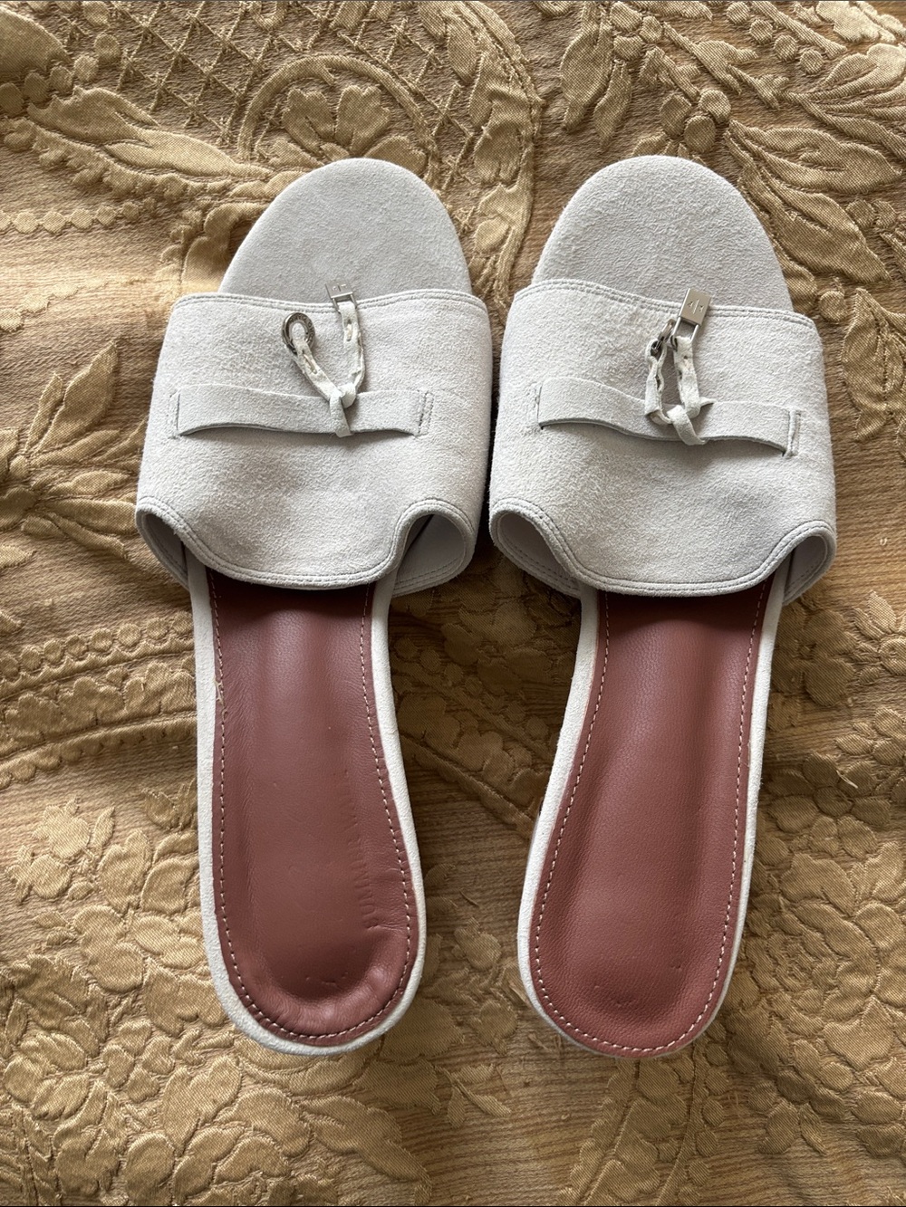 Loro Piana Cream Suede Slide Mules with Knotted Strap